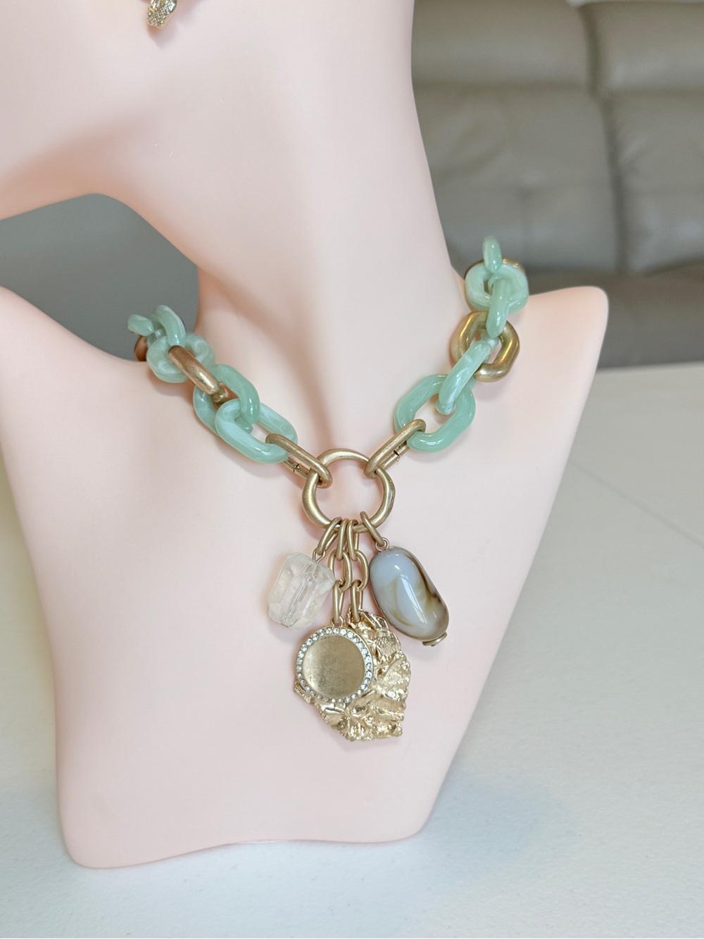 Mint Chain-Link Charm Necklace with Gold Accents